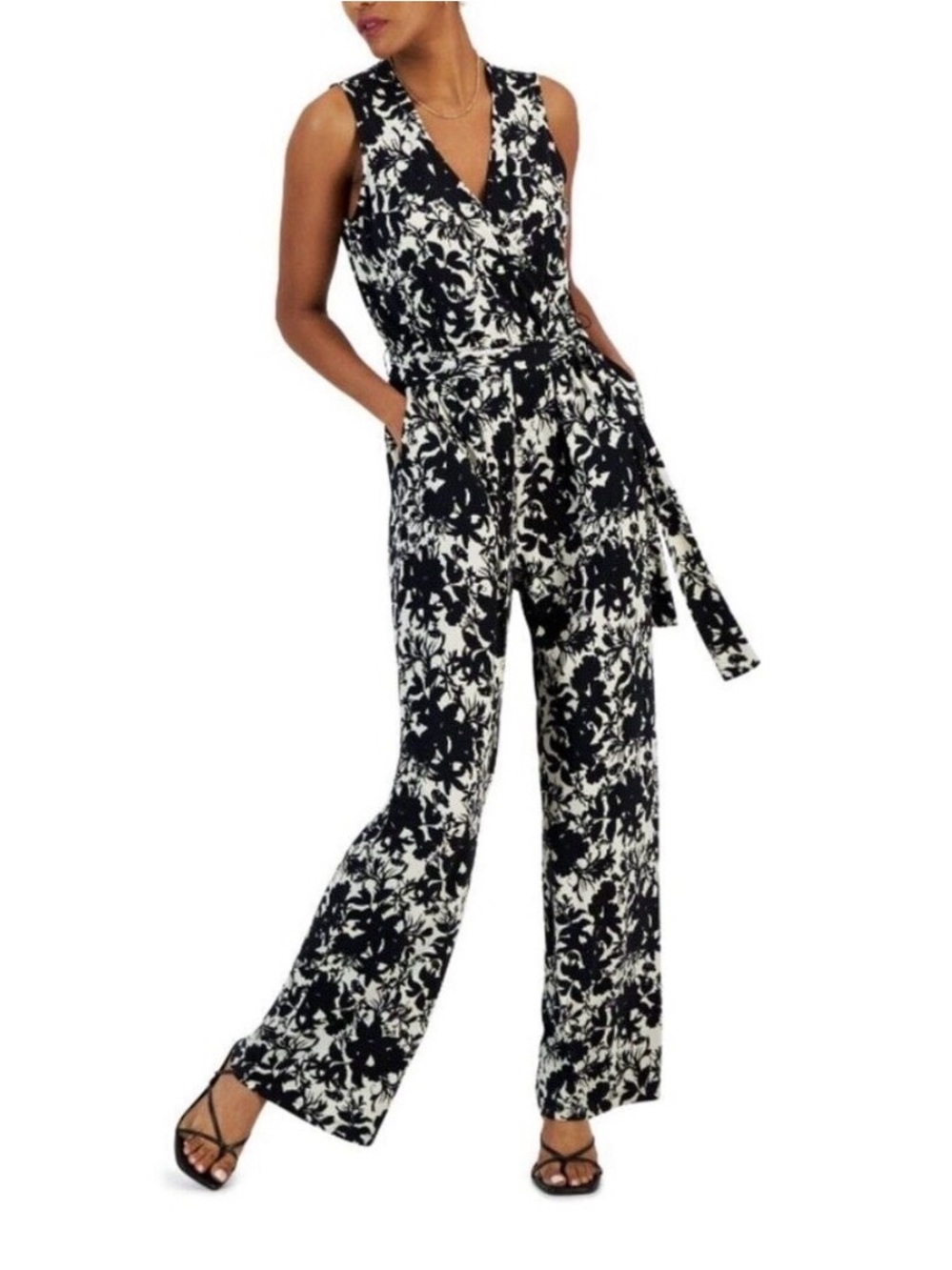 XXL INC International Concepts Blk & White/Cream Floral V-Neck Wide-Leg Jumpsuit